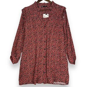 NWT Zara Ditsy Floral Button Up Babydoll Dress Long Sleeve Ruffle Black Red‎ XS